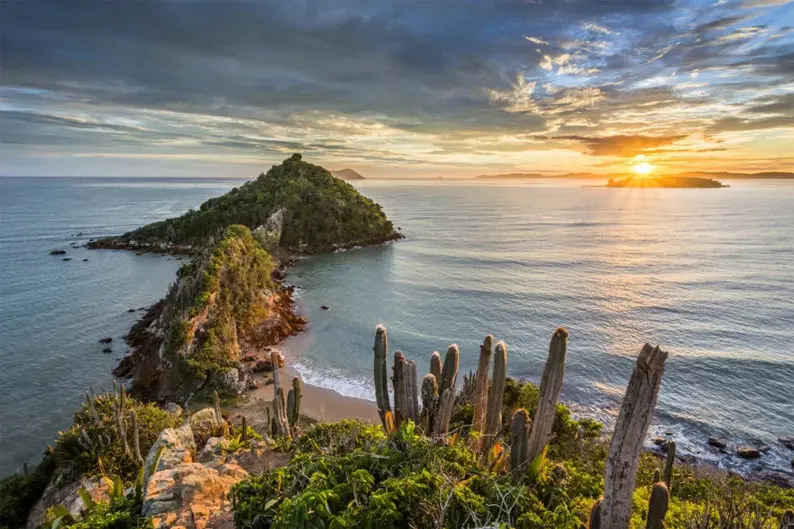 Praia da Armação com areia extensa e o centro da cidade ao fundo