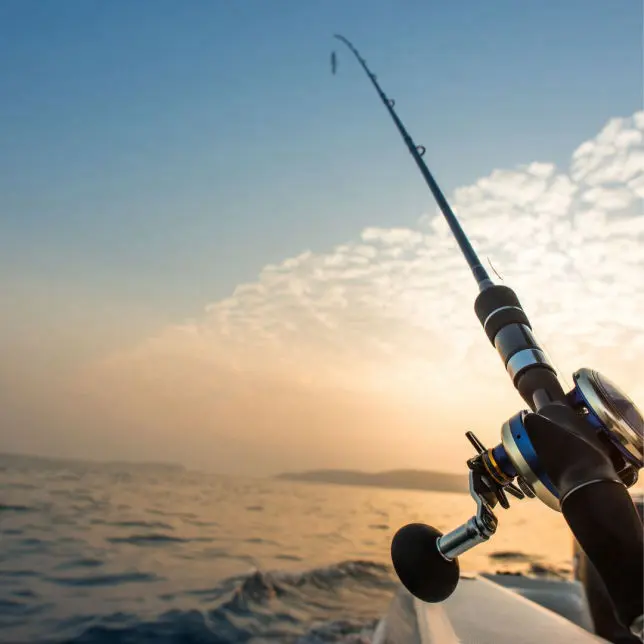 Vara de pesca em barco ao entardecer no mar de Búzios